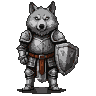 Knight with wolf's head in detailed pixelated plate armor, holding a shield.