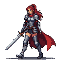 Female knight in silver armor and crimson cape, holding sword, with red ponytail.