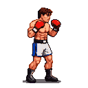 Muscular boxer in red gloves and white shorts with blue trim, in a ready fighting stance, looking forward intently.