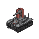 Menacing futuristic tank with a glowing orange face, sharp angular lines, and a caged energy source on its turret.