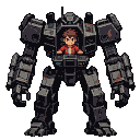Young boy in a red shirt piloting a large, damaged, gray mech.