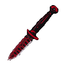 A pixelated karambit knife with a black handle and a sharp, serrated red-splattered blade.