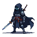 Cybernetic swordsman in dark armor with a flowing cloak, glowing cyan helmet optics, and a red sash, holding a sword defensively, with a second sword sheathed on their back.