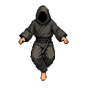 Cloaked figure levitating with crossed legs and extended arms, face hidden in shadow.