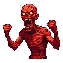 Crimson zombie with glowing yellow eyes, skeletal frame contorted in a silent scream, fists clenched and raised in aggression.
