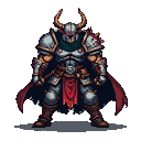 A hulking warrior in battle-worn green and metallic armor with a horned helmet, a deep green cloth around his neck, and a crimson waist sash.