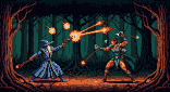 Wizard in blue robe and pointed hat firing fire from staff at armored elf warrior with bow in a dark, lantern-lit forest.