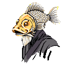 Stylized humanoid with a golden carp head, facing left in profile, mouth ajar, white beard, wearing a purple and gray draped garment against a black background.