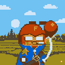 A cheerful pixelated figure offers a bright red balloon against a tranquil, sun-drenched countryside, evoking a sense of pure, simple joy.