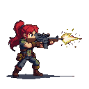 Determined woman with red ponytail mid-action firing a rifle, muzzle flash and sparks.