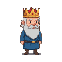 A kindly king with a golden crown, red jewels, a bushy white beard, and a blue tunic.