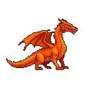 Orange dragon with fiery scales and unfurled wings, baring sharp teeth.