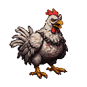 A mutated chicken with matted, blood-stained feathers, glowing red eyes, and an agape beak.