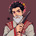 Stoic samurai with red eyes and white beard, gripping a katana, wearing a red-accented traditional robe.