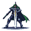 Warrior in segmented dark armor with a flowing green cape, gripping a colossal buster sword vertically.