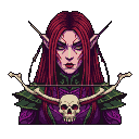 Blood elf with crimson hair and tribal markings, wearing ornate armor and holding a macabre bone bow with a glowing skull.