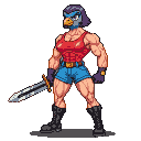Muscular female fighter with pigeon head, wearing a red tank top and blue denim shorts, holding a sword.