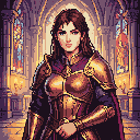 A female Paladin in ornate golden armor and a purple cloak stands within a holy temple, illuminated by light filtering through stained-glass windows.