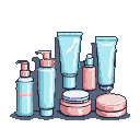 Pastel blue and pink skincare bottles, jars, and tubes arranged neatly.