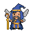 Stout wizard with long gray beard, wearing a blue robe and pointed hat with a golden band, holding a golden staff and a quill.