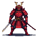 Samurai warrior in crimson armor and a demon mask, holding a large odachi sword, facing left.