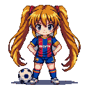 Anime girl with golden pigtails, hands on hips, wearing a pixelated FC Barcelona football kit and standing next to a soccer ball.