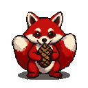 A red panda sits holding a pine cone, its bushy tail curled around it.