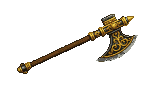 A dwarven battle axe with a dark metallic head featuring swirling golden filigree. The handle is dark wood with matching golden embellishments.
