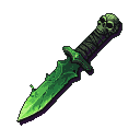 Toxic green dagger with glowing emerald blade and grimacing skull ornament on handle.