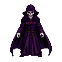 Skeletal figure in a deep purple cloak with a crimson emblem on its chest.