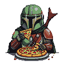 Pixel Art: The mandalorian eating Pizza