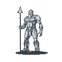 Grayscale pixel art sentinel with segmented armor, holding a spear, with a red pixel on its forehead.