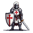 A Templar Knight in white tunic with red cross over plate armor, wearing a closed helmet, holding a teardrop shield with a red cross, and a longsword in its scabbard.