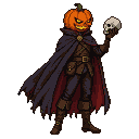 Pixel Art: character in cape with pumpkin head holding skull