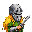 Pixie knight in golden armor and green tunic, holding a sword, with long golden hair visible.