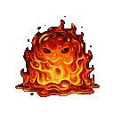 A fire slime monster with swirling orange and yellow flames and two dark pixelated eyes against a black background.
