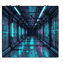 An endless, metallic corridor with cyan neon lights and digital glitch patterns.