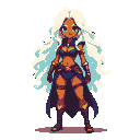 Female warrior with dark skin, voluminous white hair, and an ornate blue, brown, and gold outfit.