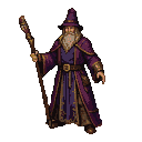 Ancient mage with long white beard, pointed hat, and purple robe with gold trim, holding a gnarled staff with glowing magical energy.