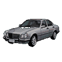 Silver Mercedes-Benz sedan, three-quarter front view, pixelated retro style, black background.