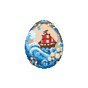A red-sailed ship on a turbulent blue sea, depicted on the surface of a pixel art egg adorned with pearls and blue enamel waves.