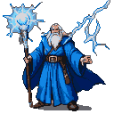 Ancient mage in a blue robe, with white hair and beard, casting a lightning spell from an ornate staff.