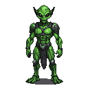 A tall, green Martian with pixelated muscles, dark segmented armor, and small horns, standing stoically with arms at its sides.