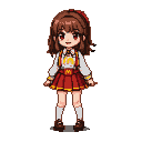 Anime girl in a McDonald's uniform with red headband, white shirt, red apron and skirt, and golden trim.