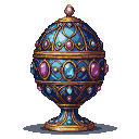 A Fabergé-style egg with intricate gold filigree, turquoise, and amethyst gemstones, resting on a golden pedestal.