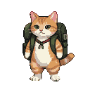 A ginger tabby cat with green eyes wears a dark green backpack and a red collar.