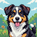 A tri-colored dog with a fluffy mane and pink tongue panting happily, set against a soft-focus green background with wildflowers under a pale blue sky.