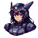 Anime-style young woman with teal eyes and dark hair, wearing a dark gray mech suit with pink and green accents and a glowing green visor.