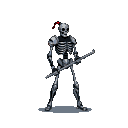 Skeleton knight in dark armor holding a two-pronged weapon horizontally, with a small crimson plume on its skull.
