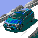 Pixel Art: Dark Blue Renault megane IV driving on road with the sea nea...